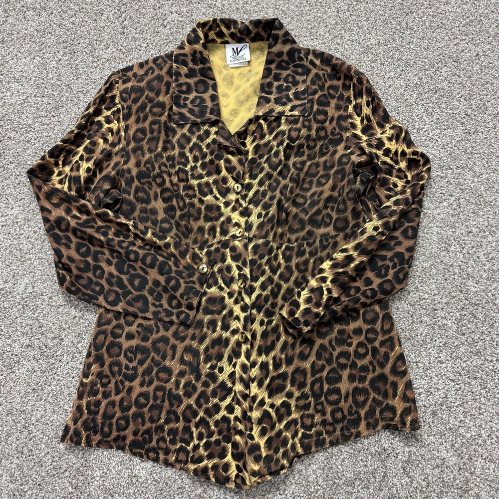 Vintage Maggie Lawrence Blouse Womens M Brown Leopard Print Button Long Sleeve